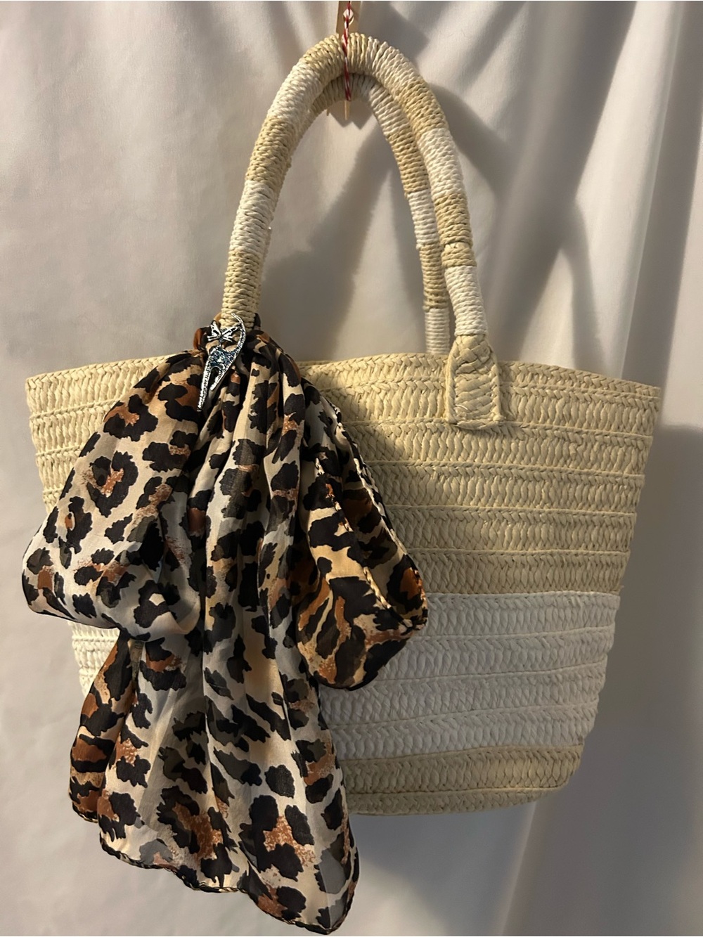 Woven Straw Tote Bag with Leopard Scarf - Cream